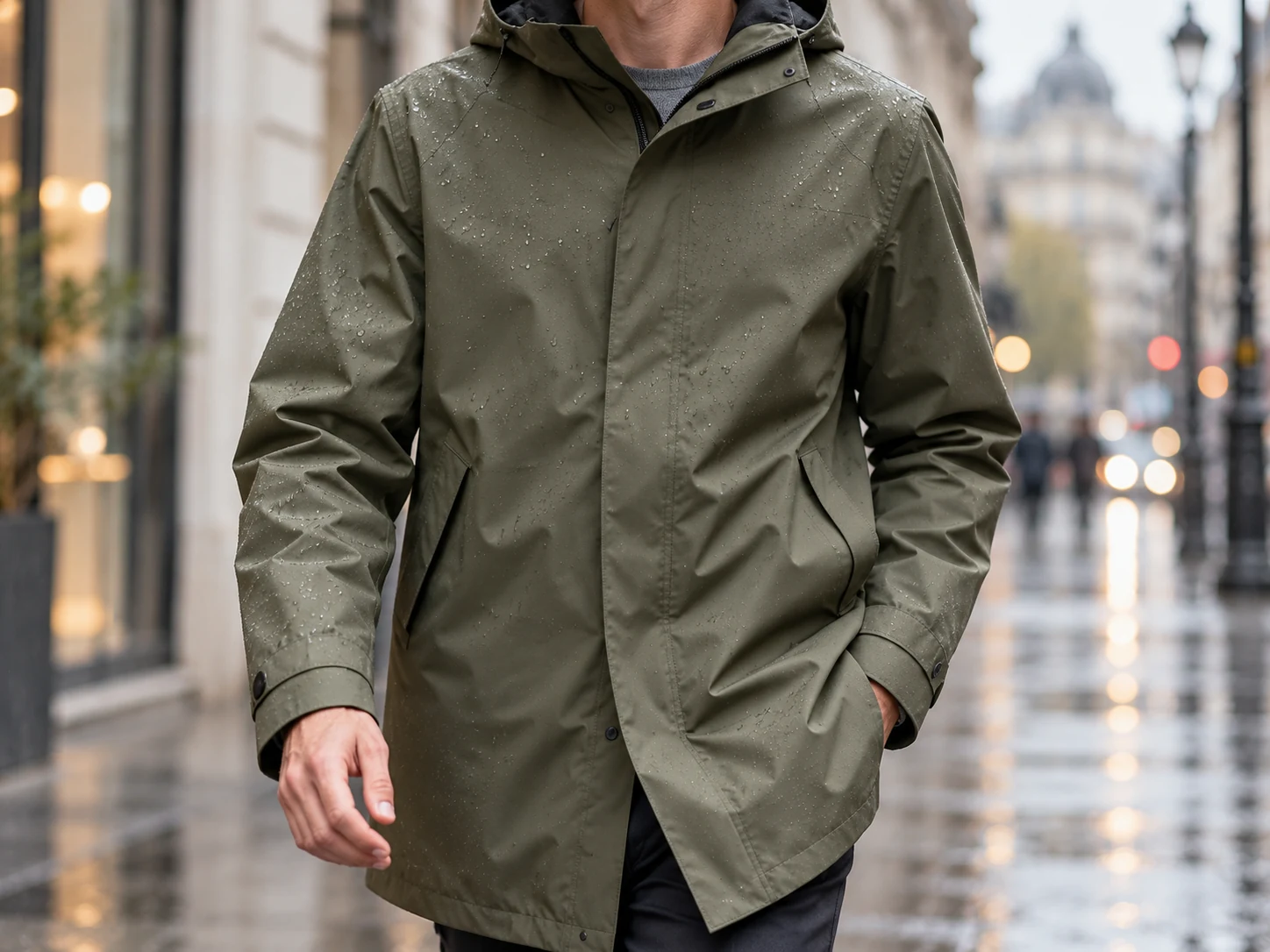 Close-up of an olive rain jacket being worn, showing the cuff, front closure and pocket