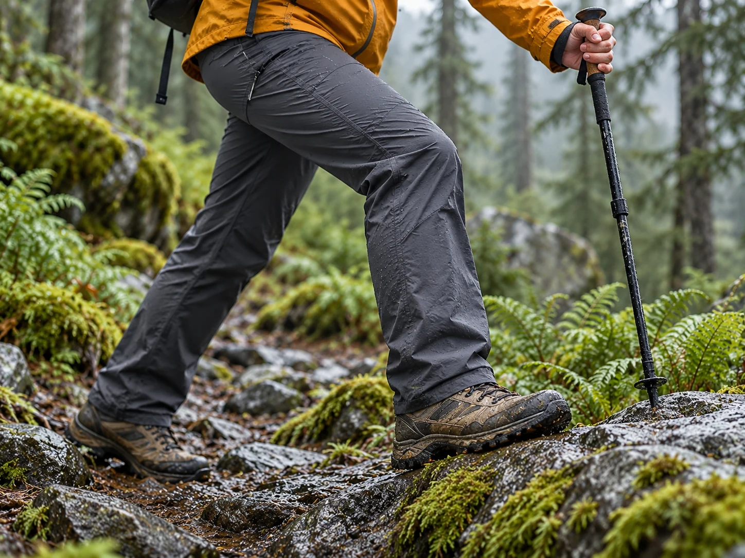 Close-up of a hiker’s technical trousers, trail boots and mustard jacket hem in motion